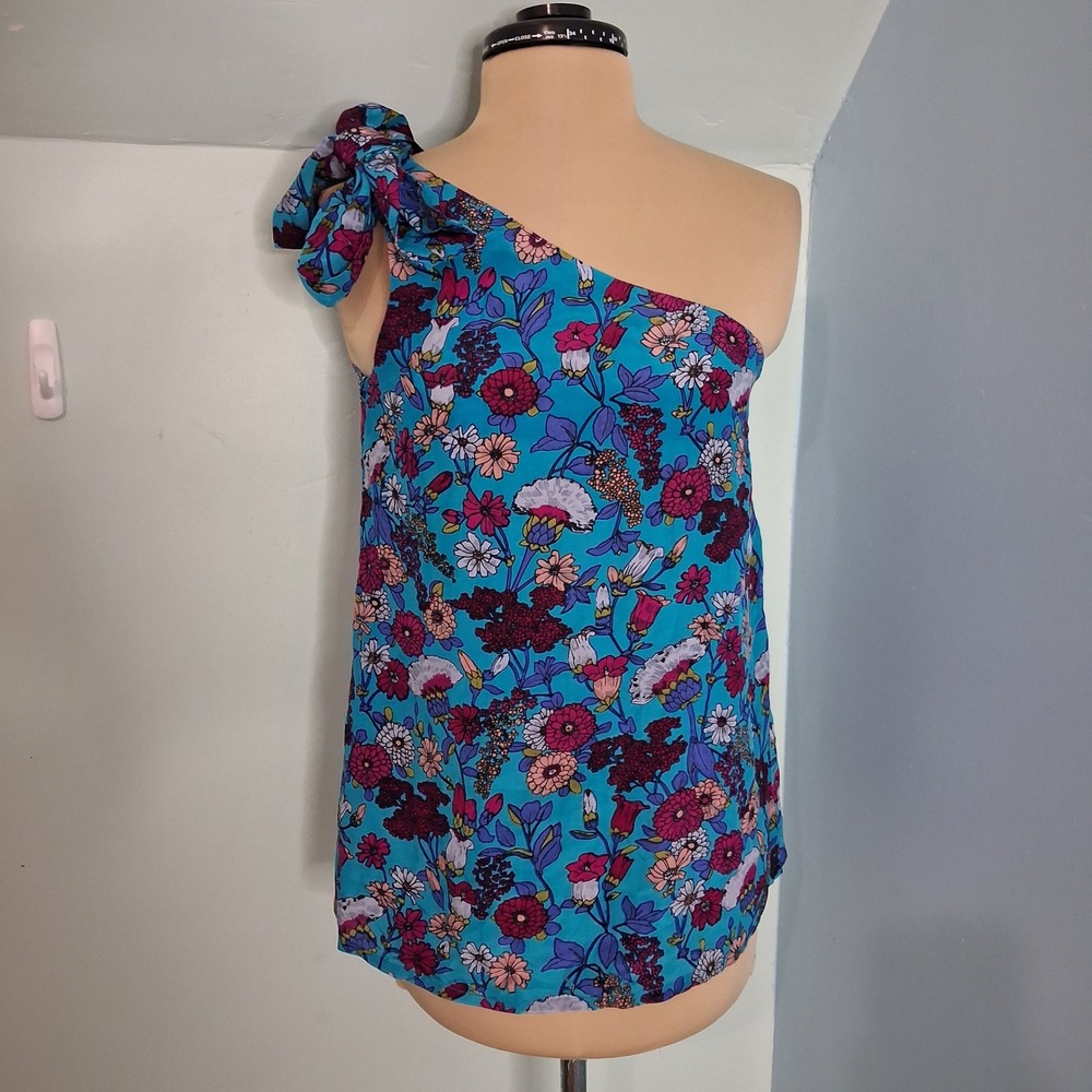 French Connection One Shoulder Silk Floral Top Teal Magenta Size 2 Going Out